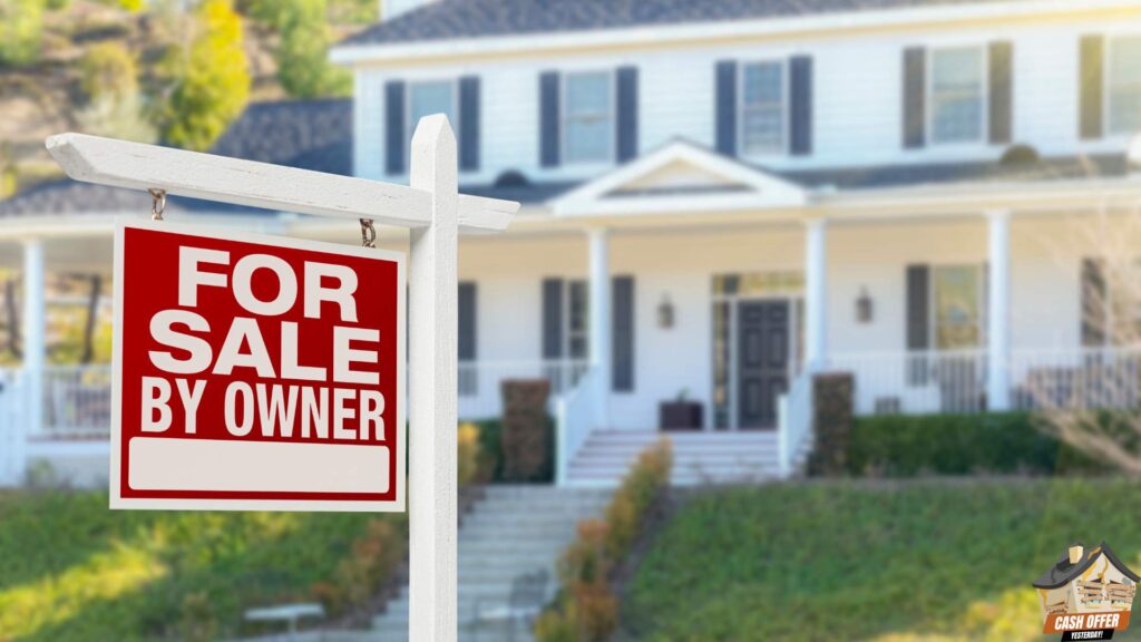 "House for sale" sign with a blurred house in the background - We Buy Houses in Bedford TX